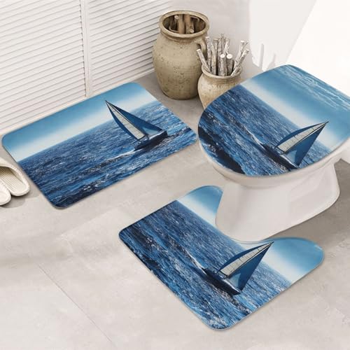 SDTYKHJ Badezimmerteppich-Set, 3-teilig, Badematte, ultra-saugfähig, rutschfest, Badteppich, blaues Meer, Segelboot, Fußmatten, weicher Duschvorleger, U-förmiger Kontur-WC-Vorleger, WC-Deckelbezug für SDTYKHJ Badezimmerteppich-Set, 3-teilig, Badematte, ultra-saugfähig, rutschfest, Badteppich, blaues Meer, Segelboot, Fußmatten, weicher Duschvorleger, U-förmiger Kontur-WC-Vorleger, WC-Deckelbezug für von SDTYKHJ