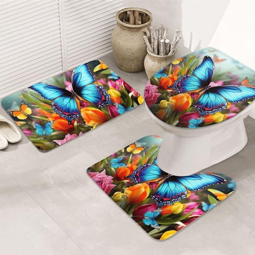 SDTYKHJ Badezimmerteppich-Set, 3-teilig, Badematte, ultra-saugfähig, rutschfest, Badteppich, bunte Schmetterlinge und Blumen, Fußmatten, weicher Duschvorleger, U-förmiger Kontur-WC-Vorleger SDTYKHJ Badezimmerteppich-Set, 3-teilig, Badematte, ultra-saugfähig, rutschfest, Badteppich, bunte Schmetterlinge und Blumen, Fußmatten, weicher Duschvorleger, U-förmiger Kontur-WC-Vorleger von SDTYKHJ