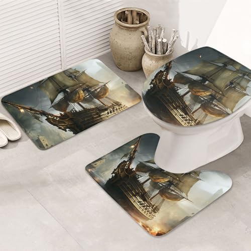 SDTYKHJ Badezimmerteppich-Set, 3-teilig, Badematte, ultra-saugfähig, rutschfest, kühles Piratenschiff, Fußmatten, weicher Duschvorleger, U-förmiger WC-Vorleger, WC-Deckelbezug für Badewanne, Dusche SDTYKHJ Badezimmerteppich-Set, 3-teilig, Badematte, ultra-saugfähig, rutschfest, kühles Piratenschiff, Fußmatten, weicher Duschvorleger, U-förmiger WC-Vorleger, WC-Deckelbezug für Badewanne, Dusche von SDTYKHJ