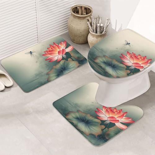 SDTYKHJ Badezimmerteppich-Set, 3-teilig, sehr saugfähig, rutschfest, Badematte, Blumen- und Libellen-Fußmatten, weicher Duschvorleger, U-förmiger WC-Vorleger, WC-Deckelbezug für Badewanne, Dusche von SDTYKHJ