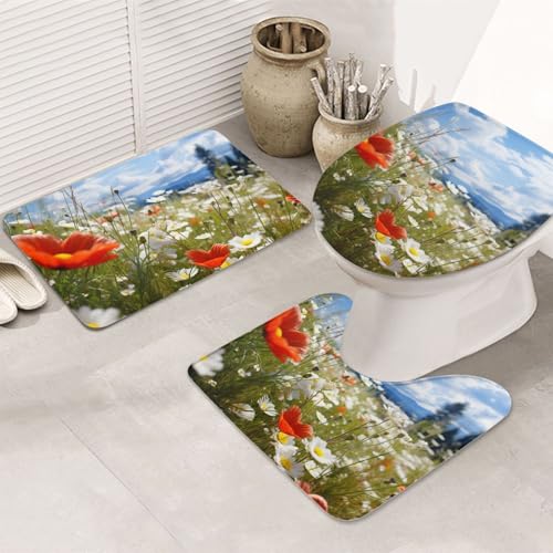 SDTYKHJ Badezimmerteppich-Set, 3-teilig, sehr saugfähig, rutschfest, Badematte, Wiesen- und Gänseblümchen-Blumen-Bodenmatten, weicher Duschvorleger, U-förmiger WC-Vorleger, WC-Deckelbezug für von SDTYKHJ