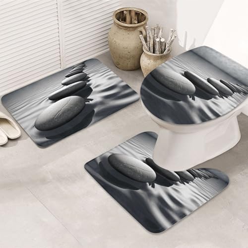 SDTYKHJ Badezimmerteppich-Set, 3-teilig, sehr saugfähig, rutschfest, Badematte, grau, mit Zen-Steinen, Bild, Fußmatten, weicher Duschvorleger, U-förmiger Kontur-WC-Vorleger, WC-Deckelbezug für von SDTYKHJ