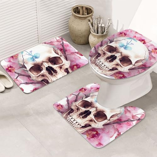 SDTYKHJ Badezimmerteppich-Set, 3-teilig, sehr saugfähig, rutschfest, Badematte, menschlicher Totenkopf-Blumen-Bodenmatten, weicher Duschvorleger, U-förmiger WC-Vorleger, WC-Deckelbezug für Badewanne von SDTYKHJ