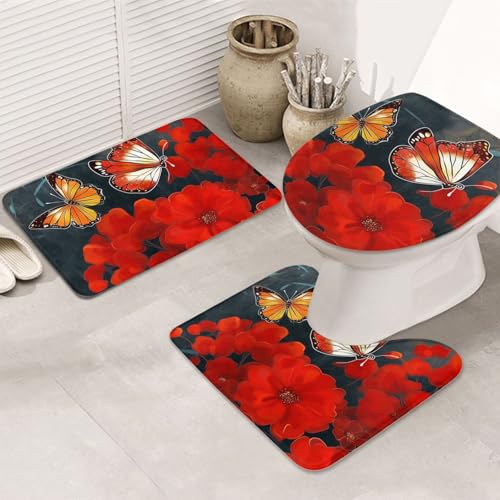 SDTYKHJ Badezimmerteppich-Set, 3-teilig, sehr saugfähig, rutschfest, Badematte, rote Blumen und Schmetterlinge, Fußmatten, weicher Duschvorleger, U-förmiger WC-Vorleger, WC-Deckelbezug für Badewanne SDTYKHJ Badezimmerteppich-Set, 3-teilig, sehr saugfähig, rutschfest, Badematte, rote Blumen und Schmetterlinge, Fußmatten, weicher Duschvorleger, U-förmiger WC-Vorleger, WC-Deckelbezug für Badewanne von SDTYKHJ