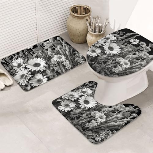 SDTYKHJ Badezimmerteppich-Set, 3-teilig, sehr saugfähig, rutschfest, Badematte, schwarz-weiße Blumen, Fußmatten, weicher Duschvorleger, U-förmiger Kontur-WC-Vorleger, WC-Deckelbezug für Badewanne SDTYKHJ Badezimmerteppich-Set, 3-teilig, sehr saugfähig, rutschfest, Badematte, schwarz-weiße Blumen, Fußmatten, weicher Duschvorleger, U-förmiger Kontur-WC-Vorleger, WC-Deckelbezug für Badewanne von SDTYKHJ