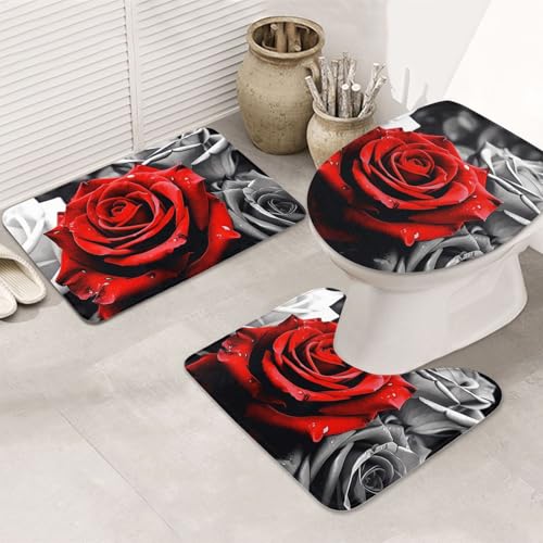 SDTYKHJ Badezimmerteppich-Set, 3-teilig, sehr saugfähig, rutschfest, Badematte, schwarz-weiße und rote Rosen, Fußmatten, weicher Duschvorleger, U-förmiger WC-Vorleger, WC-Deckelbezug für Badewanne SDTYKHJ Badezimmerteppich-Set, 3-teilig, sehr saugfähig, rutschfest, Badematte, schwarz-weiße und rote Rosen, Fußmatten, weicher Duschvorleger, U-förmiger WC-Vorleger, WC-Deckelbezug für Badewanne von SDTYKHJ