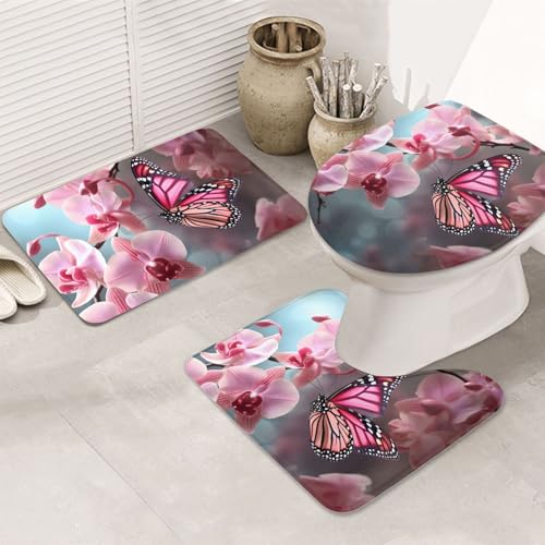 SDTYKHJ Badezimmerteppich-Set, 3-teilig, sehr saugfähig, rutschfest, Badteppich, Orchidee, Blume, Schmetterling, Frühling, Fußmatten, weicher Duschvorleger, U-förmiger WC-Vorleger, WC-Deckelbezug für von SDTYKHJ
