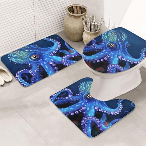 SDTYKHJ Badezimmerteppich-Set, 3-teilig, sehr saugfähig, rutschfest, Badteppich, blauer Oktopus-Fußmatten, weicher Duschvorleger, U-förmiger Kontur-WC-Vorleger, WC-Deckelbezug für Badewanne, Dusche SDTYKHJ Badezimmerteppich-Set, 3-teilig, sehr saugfähig, rutschfest, Badteppich, blauer Oktopus-Fußmatten, weicher Duschvorleger, U-förmiger Kontur-WC-Vorleger, WC-Deckelbezug für Badewanne, Dusche von SDTYKHJ