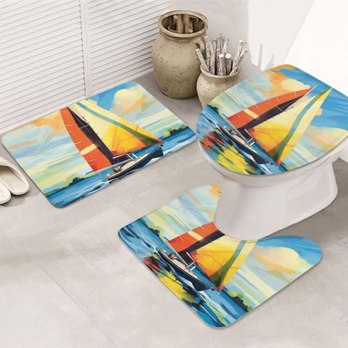 SDTYKHJ Badezimmerteppich-Set, 3-teilig, sehr saugfähig, rutschfest, Badteppich, bunt, Segelboot, Fußmatten, weicher Duschvorleger, U-förmiger WC-Vorleger, WC-Deckelbezug für Badewanne, Dusche SDTYKHJ Badezimmerteppich-Set, 3-teilig, sehr saugfähig, rutschfest, Badteppich, bunt, Segelboot, Fußmatten, weicher Duschvorleger, U-förmiger WC-Vorleger, WC-Deckelbezug für Badewanne, Dusche von SDTYKHJ