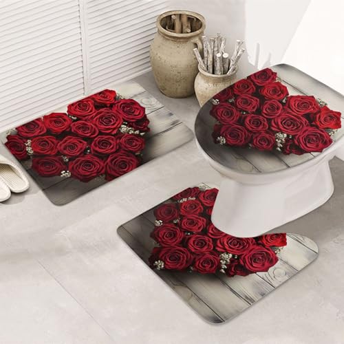 SDTYKHJ Badezimmerteppich-Set, 3-teilig, sehr saugfähig, rutschfest, Badteppich, herzförmige Rosen, Fußmatten, weicher Duschvorleger, U-förmiger Kontur-WC-Vorleger, WC-Deckelbezug für Badewanne SDTYKHJ Badezimmerteppich-Set, 3-teilig, sehr saugfähig, rutschfest, Badteppich, herzförmige Rosen, Fußmatten, weicher Duschvorleger, U-förmiger Kontur-WC-Vorleger, WC-Deckelbezug für Badewanne von SDTYKHJ