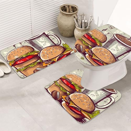 SDTYKHJ Badezimmerteppich-Set, 3-teilig, sehr saugfähig, rutschfest, Badteppich, lustige Lebensmittel, Hamburger und Tassen, Bodenmatten, weicher Duschvorleger, U-förmiger WC-Vorleger, WC-Deckelbezug SDTYKHJ Badezimmerteppich-Set, 3-teilig, sehr saugfähig, rutschfest, Badteppich, lustige Lebensmittel, Hamburger und Tassen, Bodenmatten, weicher Duschvorleger, U-förmiger WC-Vorleger, WC-Deckelbezug von SDTYKHJ