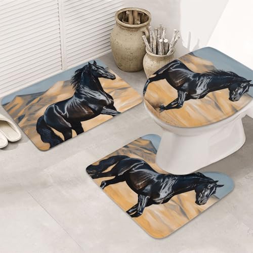 SDTYKHJ Badezimmerteppich-Set, 3-teilig, sehr saugfähig, rutschfest, Badteppich, schwarz, arabisches Pferd, Fußmatten, weicher Duschvorleger, U-förmige Kontur, WC-Vorleger, WC-Deckelbezug für SDTYKHJ Badezimmerteppich-Set, 3-teilig, sehr saugfähig, rutschfest, Badteppich, schwarz, arabisches Pferd, Fußmatten, weicher Duschvorleger, U-förmige Kontur, WC-Vorleger, WC-Deckelbezug für von SDTYKHJ