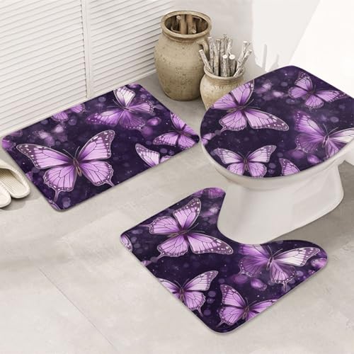 SDTYKHJ Badezimmerteppich-Set, 3-teilig, sehr saugfähig, rutschfest, Badteppich, violette Schmetterlinge, Fußmatten, weicher Duschvorleger, U-förmiger Kontur-WC-Vorleger, WC-Deckelbezug für Badewanne SDTYKHJ Badezimmerteppich-Set, 3-teilig, sehr saugfähig, rutschfest, Badteppich, violette Schmetterlinge, Fußmatten, weicher Duschvorleger, U-förmiger Kontur-WC-Vorleger, WC-Deckelbezug für Badewanne von SDTYKHJ