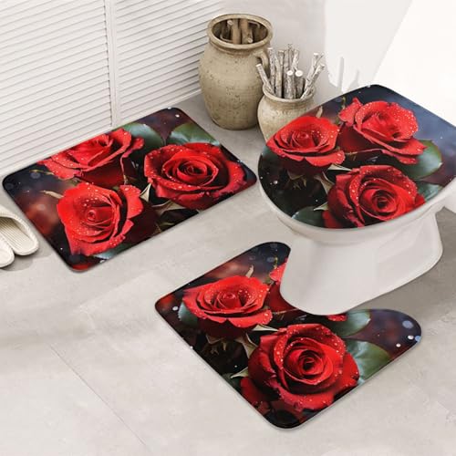 SDTYKHJ Badezimmerteppich-Set, 3-teilig, sehr saugfähig, rutschfest, romantisch, rote Rosen, Fußmatten, weicher Duschvorleger, U-förmiger Kontur-WC-Vorleger, WC-Deckelbezug für Badewanne, Dusche SDTYKHJ Badezimmerteppich-Set, 3-teilig, sehr saugfähig, rutschfest, romantisch, rote Rosen, Fußmatten, weicher Duschvorleger, U-förmiger Kontur-WC-Vorleger, WC-Deckelbezug für Badewanne, Dusche von SDTYKHJ