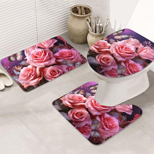 SDTYKHJ Badezimmerteppich-Set, 3-teilig, ultra-saugfähig, rutschfest, Badematte, Rosen- und Schmetterlinge, Fußmatten, weicher Duschvorleger, U-förmiger WC-Vorleger, WC-Deckelbezug für Badewanne SDTYKHJ Badezimmerteppich-Set, 3-teilig, ultra-saugfähig, rutschfest, Badematte, Rosen- und Schmetterlinge, Fußmatten, weicher Duschvorleger, U-förmiger WC-Vorleger, WC-Deckelbezug für Badewanne von SDTYKHJ