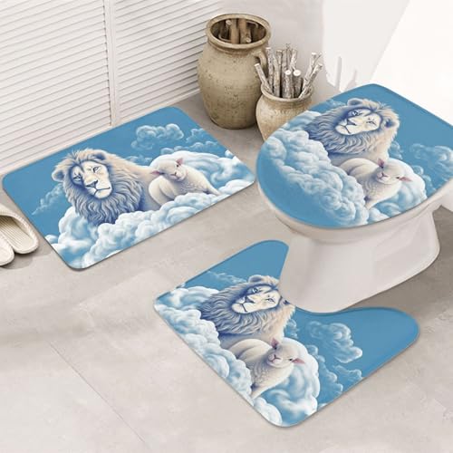 SDTYKHJ Badezimmerteppich-Set, 3-teilig, ultra-saugfähig, rutschfest, Badteppich, Lamm mit Löwe auf den Wolken, Fußmatten, weicher Duschvorleger, U-förmiger WC-Vorleger, WC-Deckelbezug für Badewanne SDTYKHJ Badezimmerteppich-Set, 3-teilig, ultra-saugfähig, rutschfest, Badteppich, Lamm mit Löwe auf den Wolken, Fußmatten, weicher Duschvorleger, U-förmiger WC-Vorleger, WC-Deckelbezug für Badewanne von SDTYKHJ