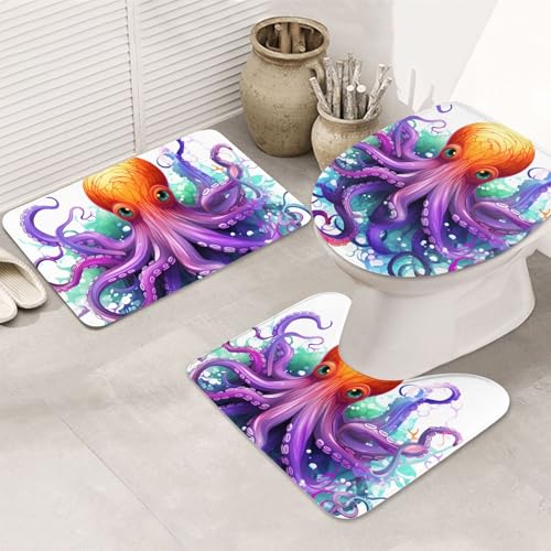 SDTYKHJ Badezimmerteppich-Set, 3-teilig, ultra-saugfähig, rutschfest, Badteppich, bunte Oktopus-Fußmatten, weicher Duschvorleger, U-förmiger Kontur-WC-Vorleger, WC-Deckelbezug für Badewanne, Dusche SDTYKHJ Badezimmerteppich-Set, 3-teilig, ultra-saugfähig, rutschfest, Badteppich, bunte Oktopus-Fußmatten, weicher Duschvorleger, U-förmiger Kontur-WC-Vorleger, WC-Deckelbezug für Badewanne, Dusche von SDTYKHJ