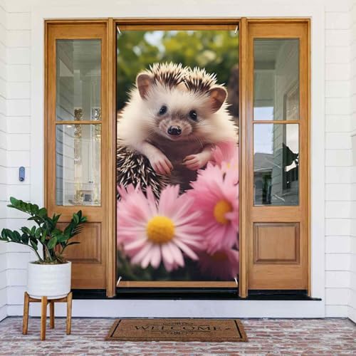 Willkommens-Türabdeckung, Banner, Verdunkelung, Türvorhänge, Dekorationen, Fenstervorhang, Vorhänge, niedlicher Igel in Blumen, saisonales Veranda-Schild, Fotohintergrund, Wandbehang, Banner, Flagge von SDTYKHJ
