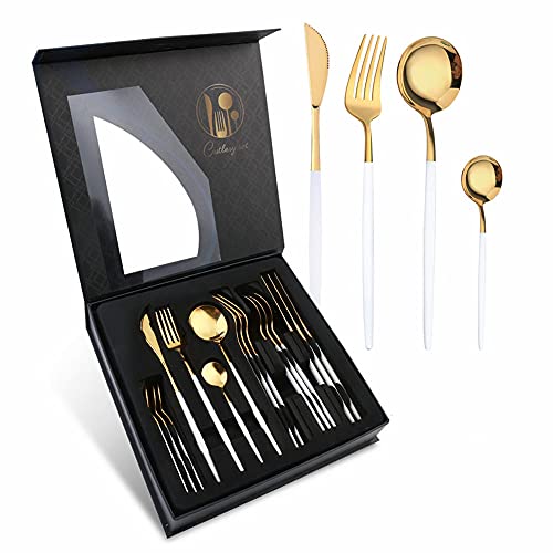 Geschirr Set,16 teiliger Besteck Set Edelstahl Essgeschirr Set,Spiegel Poliergeschirr Sets Mehrzwecknutzung für Haus und Küche Besteckset 4 Personen, Geschenkbox Weiß und gold von SDTYYP