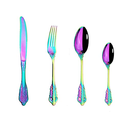 Geschirr Set,4 stücke Besteck Set Edelstahl Essgeschirr Set Besteck Sets mit Messer Löffel Gabelspiegel Polnisch für Home/Reisen/Schule Regenbogen von SDTYYP