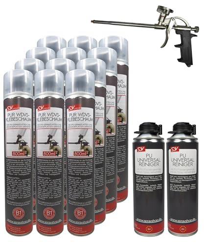 SDV Chemie PUR WDVS Klebeschaum B1 SET 12x 800ml + 2x PU Reiniger 500ml + 1x PU-Schaum-Dosierpistole von SDV Chemie