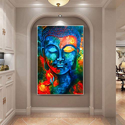 Buddha Gesicht Leinwand Kunst Poster Abstrakte bunte Buddha Leinwand Gemälde an der Wand Kunst Buddhismus Kunstbilder für Wohnzimmer 80x120cm rahmenlos von SDVIB