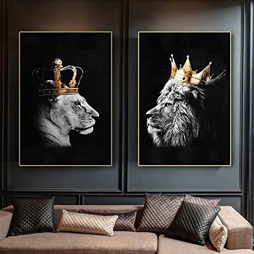 König der Löwen und Königin mit goldener Krone Leinwand Poster und Drucke Leinwand Malerei Tiere Wandkunst Bilder für Wohnkultur 40 x 60 cm x 2 Stück rahmenlos von SDVIB