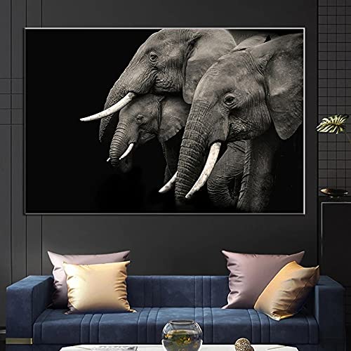 Leinwandbild Moderne Tierwandkunst Grasland Elefantenfamilie Schwarz-Weiß-Poster Schlafzimmer Heimdekoration Wandbild 27,5 "x 39,3" (70 x 100 cm) Kein Rahmen von SDVIB