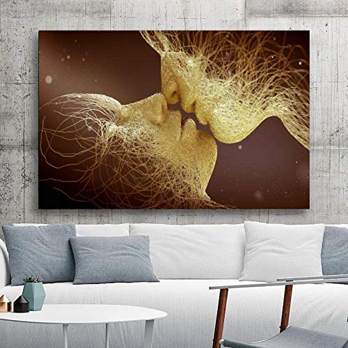 Liebe Kuss Leinwand Gemälde Abstraktes Paar Drucke und Poster Goldene Bilder Home Schlafzimmer Wohnzimmer Dekoration Wandkunst 80x110cm Rahmenlos von SDVIB