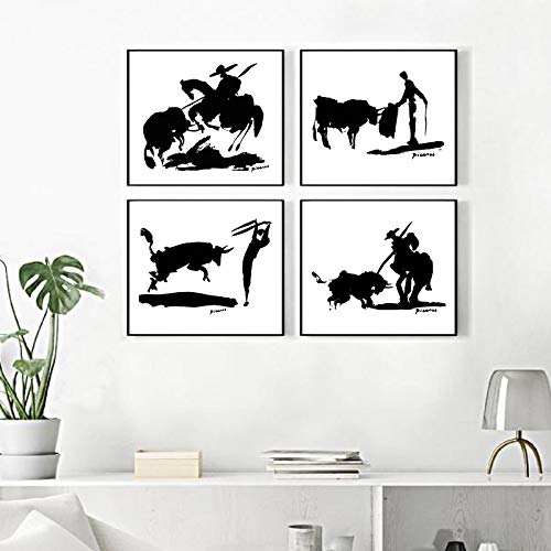 Moderne minimalistische Picasso-Leinwand-Kunstdrucke und Poster, schwarz-weiße spanische Stierkämpfer-Malerei, Wandbilder, Wohnzimmerdekoration, 40 x 50 cm (40 x 50 cm) x 4, kein Rahmen von SDVIB