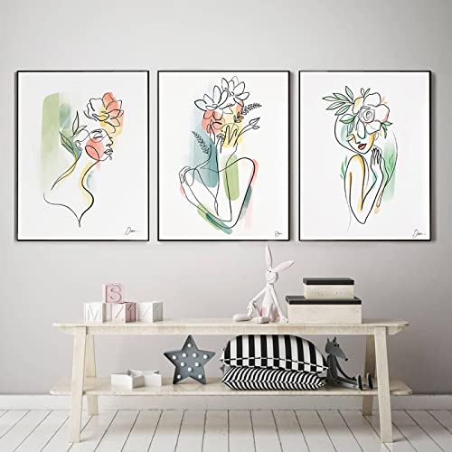 Nordic Einfache Strichzeichnung Frau Wand Kunstdruck Poster Abstrakte Blume Leinwand Malerei Moderne Aquarell Bild Dekor19,6 "x 27,5" (50 x 70 cm) x 3 Kein Rahmen von SDVIB