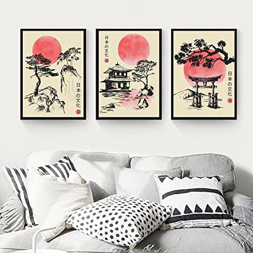 Vintage Japan Culture Black Ink Trees Leinwand Gemälde Aquarell Sun Mountain Poster und Druck Nordic Room Wall Art Decor 30x40cm-3Pieces Frameless von SDVIB