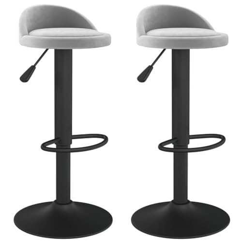 Barhocker 2er Set, Hocker mit Gepolsterte Sitzfläche, Arbeitshocker für Bar Bistro Café, Höhenverstellbar, 360° Drehbar, 36x38x(72-94) cm Hellgrau Samt von SDWEHO7
