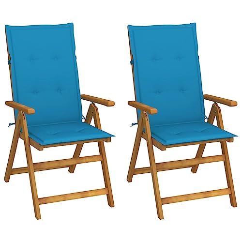 Garten-Liegestühle mit Blau Kissen, 2er Set, Outdoor Stühle mit Verstellbarer Rückenlehne für Hinterhof, Patio, 57 x 69 x 111 cm Akazie Massivholz von SDWEHO7