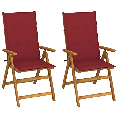 Garten-Liegestühle mit Weinrot Kissen, 2er Set, Outdoor Stühle mit Verstellbarer Rückenlehne für Hinterhof, Patio, 57 x 69 x 111 cm Akazie Massivholz von SDWEHO7