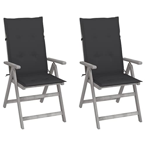 Gartenstühle mit Anthrazit Kissen, 2er Set, Outdoor Stühle mit Verstellbarer Rückenlehne für Hinterhof, Patio, 57 x 69 x 110 cm Grau Massivholz Akazie von SDWEHO7