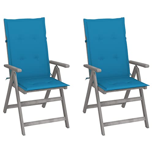 Gartenstühle mit Blau Kissen, 2er Set, Outdoor Stühle mit Verstellbarer Rückenlehne für Hinterhof, Patio, 57 x 69 x 110 cm Grau Massivholz Akazie von SDWEHO7
