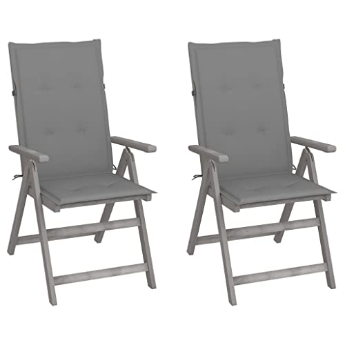 Gartenstühle mit Grau Kissen, 2er Set, Outdoor Stühle mit Verstellbarer Rückenlehne für Hinterhof, Patio, 57 x 69 x 110 cm Grau Massivholz Akazie von SDWEHO7