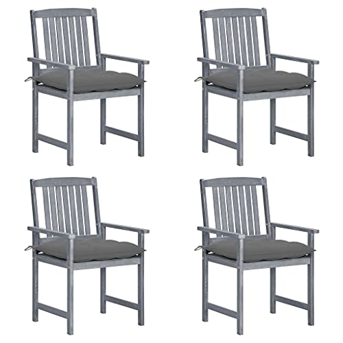Gartenstühle mit Grau Kissen, 4er Set, Freizeitstuhl, Outdoor Stühle für Balkon, Terrasse, Patio, Robust und langlebig, 57 x 60 x 92 cm Grau Massivholz Akazie von SDWEHO7