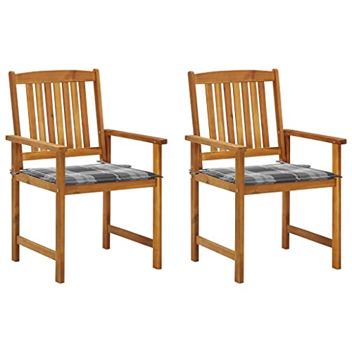 Gartenstühle mit grauem Karomuster Kissen, 2er Set, Outdoor Stühle für Balkon, Terrasse, Garten, Robust und langlebig, 61 x 57 x 92 cm Massivholz Akazie von SDWEHO7