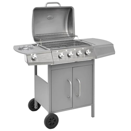 Gasgrill mit 4+1 Flammen, Grill mit 4 Kochzonen und Seitenbrenner, Grillwagen mit Rädern, Leicht zu bewegen, 104 x 55,4 x 97,7 cm Silbern SPCC + Edelstahl Gasgrill mit 4+1 Flammen, Grill mit 4 Kochzonen und Seitenbrenner, Grillwagen mit Rädern, Leicht zu bewegen, 104 x 55,4 x 97,7 cm Silbern SPCC + Edelstahl von SDWEHO7