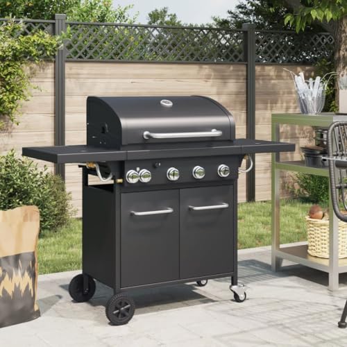 Gasgrill mit 5 Flammen, Holzkohlegrillwagen mit 2 Regale, Doppeltürschließfächer& Rädern, Leicht zu bewegen, 136,5 x 55,5 x 109 cm Schwarz Pulverbeschichteter Stahl von SDWEHO7