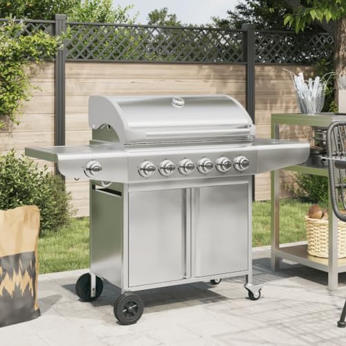 Gasgrill mit 7 Flammen, Holzkohlegrillwagen mit 2 Regale, Doppeltürschließfächer& Rädern, Leicht zu bewegen, 146,5 x 54 x 109 cm Silbern Edelstahl von SDWEHO7