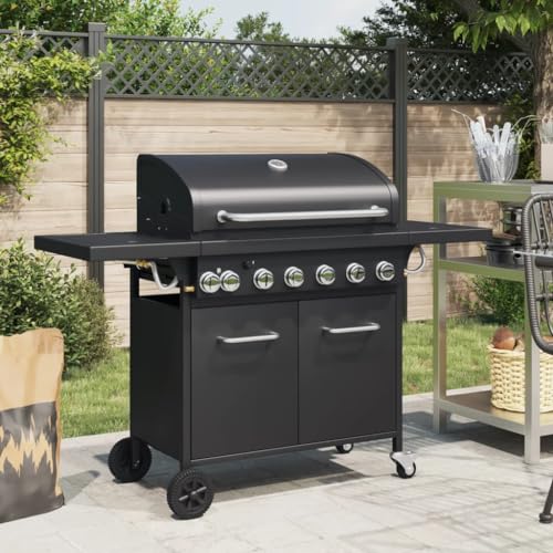 Gasgrill mit 7 Flammen, Holzkohlegrillwagen mit 2 Regale, Doppeltürschließfächer& Rädern, Leicht zu bewegen, 146,5 x 55,5 x 109 cm Schwarz Pulverbeschichteter Stahl von SDWEHO7