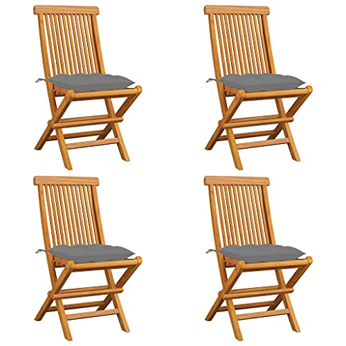 Klappbar Gartenstühle mit Grau Kissen, 4er Set, Outdoor Stühle für Balkon, Terrasse, Patio, Robust und langlebig, 47 x 60 x 89 cm Massivholz Teak von SDWEHO7