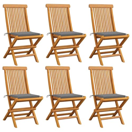Klappbar Gartenstühle mit Grau Kissen, 6er Set, Outdoor Stühle für Balkon, Terrasse, Patio, Robust und langlebig, 47 x 60 x 89 cm Massivholz Teak von SDWEHO7