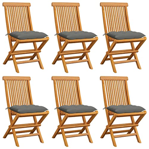 Klappbar Gartenstühle mit Grau Kissen, 6er Set, Outdoor Stühle für Balkon, Terrasse, Patio, Robust und langlebig, 47 x 60 x 89 cm Massivholz Teak von SDWEHO7