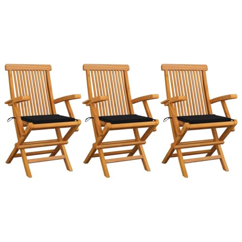 Klappbar Gartenstühle mit Schwarz Kissen, 3er Set, Outdoor Stühle für Balkon, Terrasse, Patio, Robust und langlebig, 55 x 60 x 89 cm Massivholz Teak Klappbar Gartenstühle mit Schwarz Kissen, 3er Set, Outdoor Stühle für Balkon, Terrasse, Patio, Robust und langlebig, 55 x 60 x 89 cm Massivholz Teak von SDWEHO7