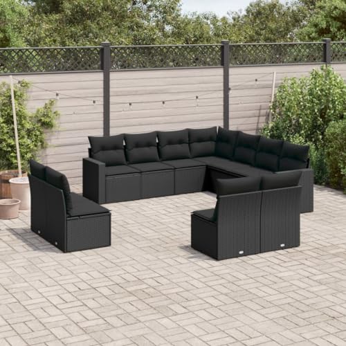 SDWEHO7 11er-Set Gartenmöbel, Outdoor Sitzgruppe mit Auflagen, Balkonmöbel Balkonset Terrassenmöbel Garten Lounge Set, Schwarz Poly Rattan von SDWEHO7
