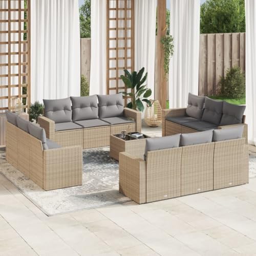 SDWEHO7 13er-Set Gartenmöbel, Outdoor Sitzgruppe mit Auflagen & Gartentisch, Balkonmöbel Balkonset Terrassenmöbel Garten Lounge Set, Beige Poly Rattan von SDWEHO7